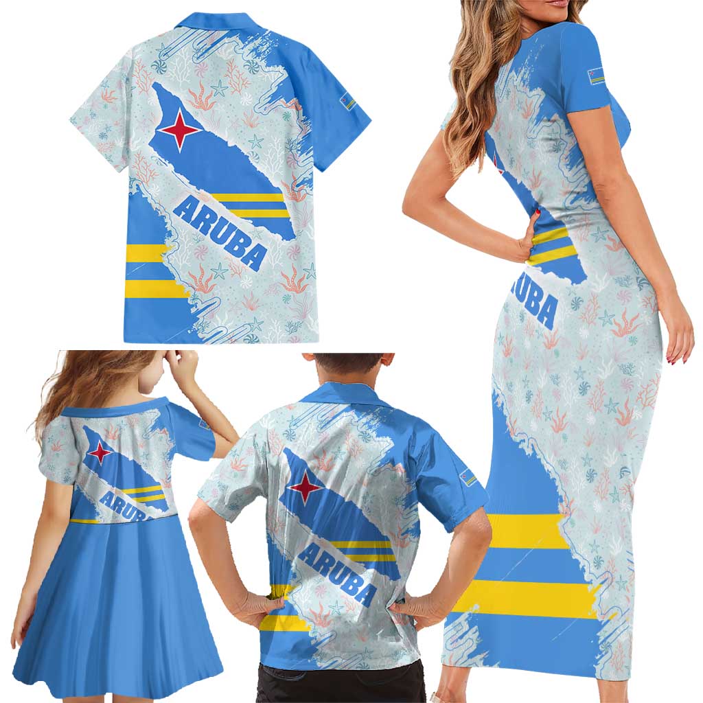 Aruba Family Matching Short Sleeve Bodycon Dress and Hawaiian Shirt with Marine Patterns – Ocean-Inspired Design
