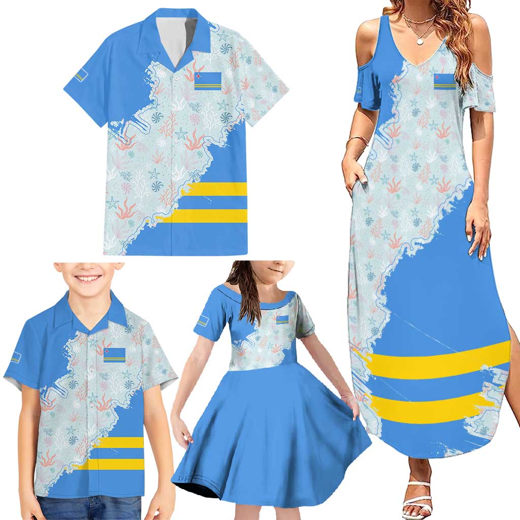 Aruba Family Matching Summer Maxi Dress and Hawaiian Shirt with Marine Patterns – Ocean-Inspired Design