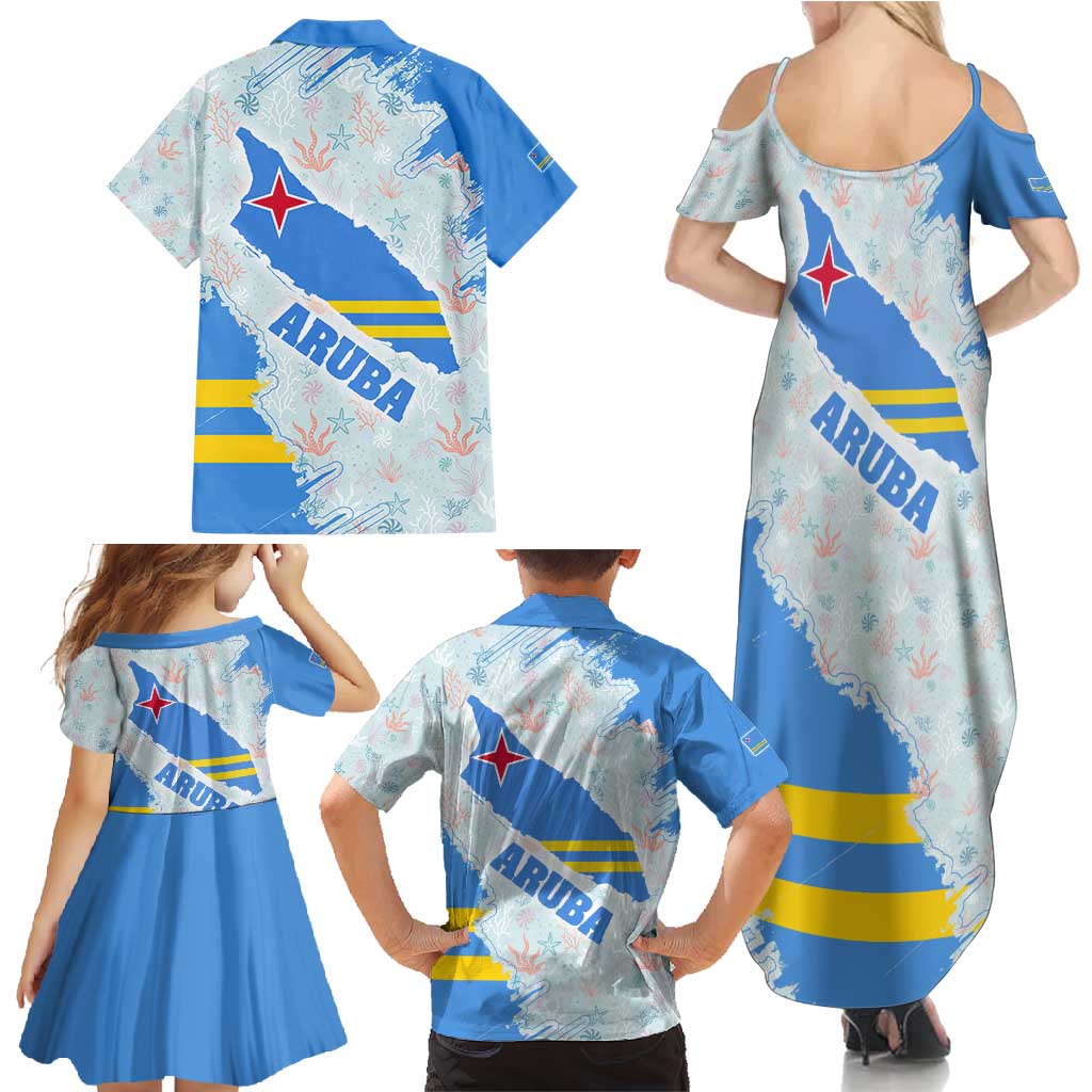 Aruba Family Matching Summer Maxi Dress and Hawaiian Shirt with Marine Patterns – Ocean-Inspired Design