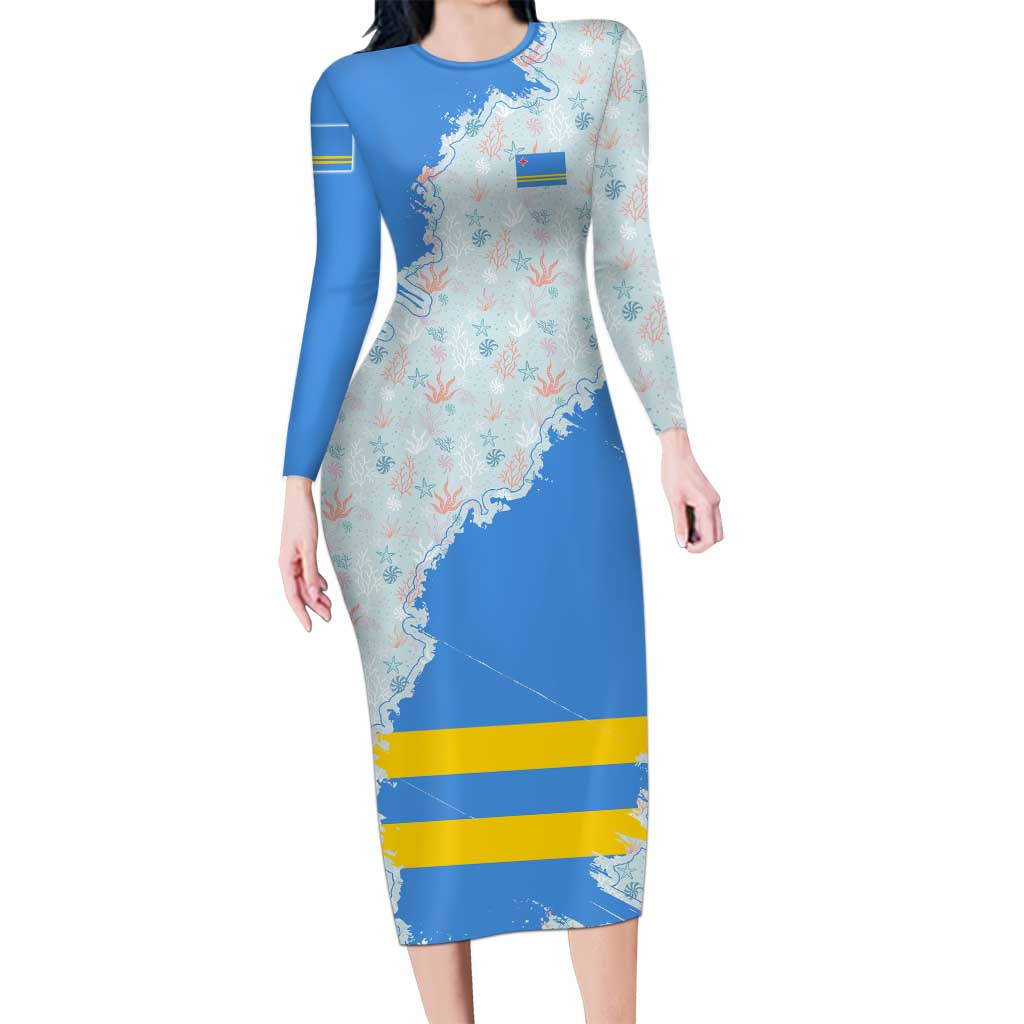 Aruba Long Sleeve Bodycon Dress with Marine Patterns – Ocean-Inspired Design