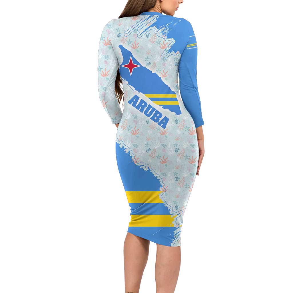 Aruba Long Sleeve Bodycon Dress with Marine Patterns – Ocean-Inspired Design