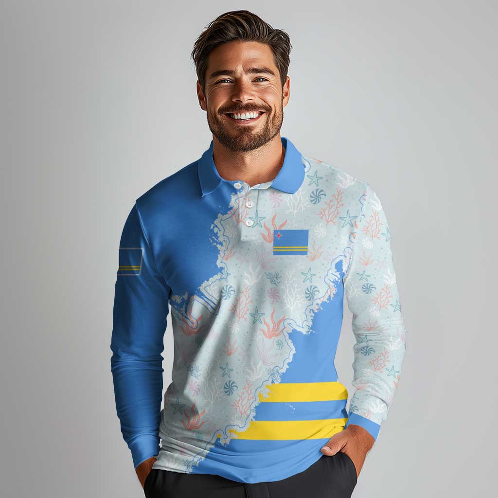 Aruba Long Sleeve Polo Shirt with Marine Patterns – Ocean-Inspired Design