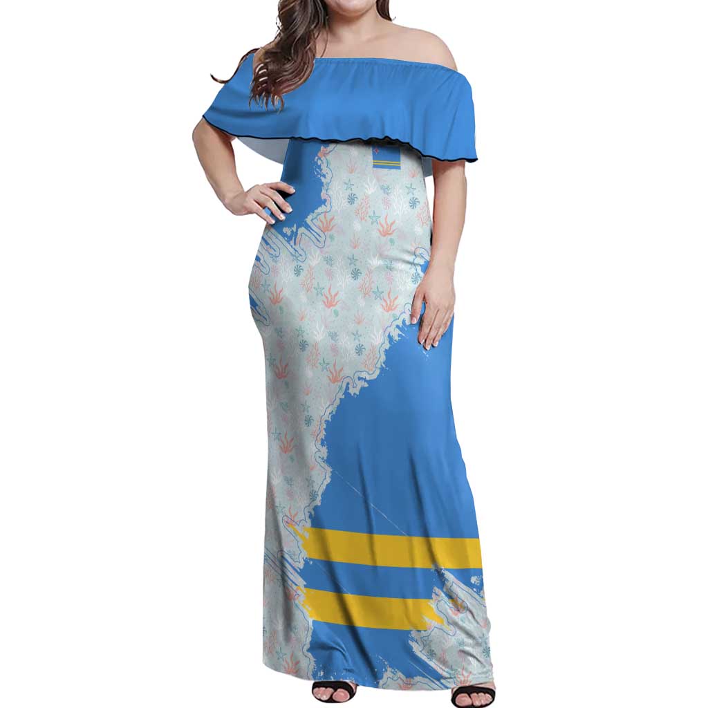 Aruba Off Shoulder Maxi Dress with Marine Patterns – Ocean-Inspired Design
