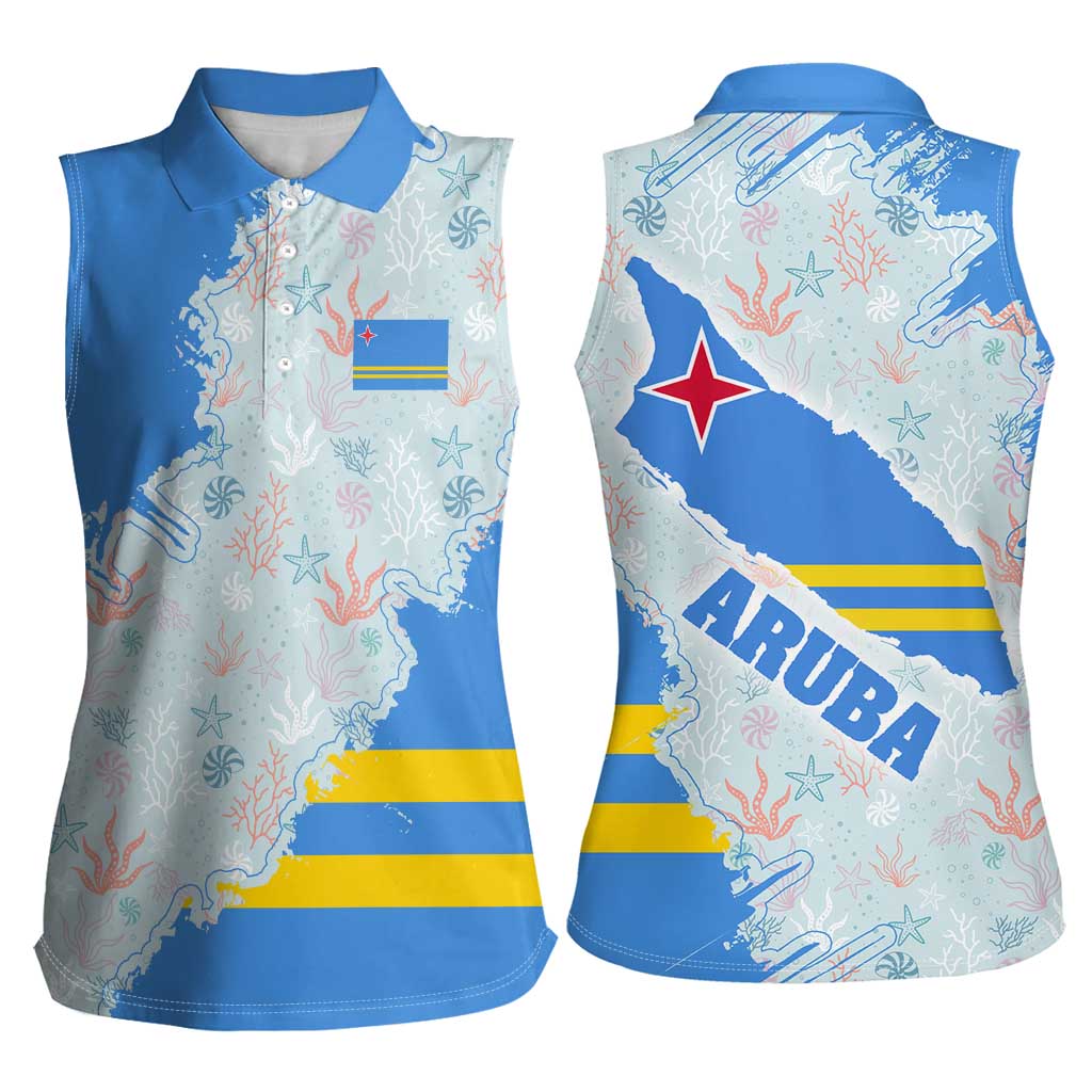 Aruba Women Sleeveless Polo Shirt with Marine Patterns – Ocean-Inspired Design
