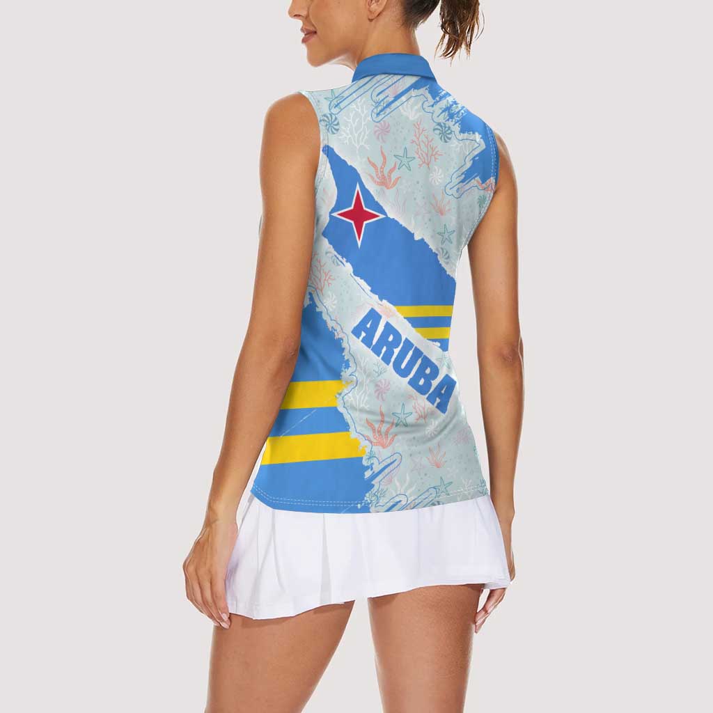 Aruba Women Sleeveless Polo Shirt with Marine Patterns – Ocean-Inspired Design