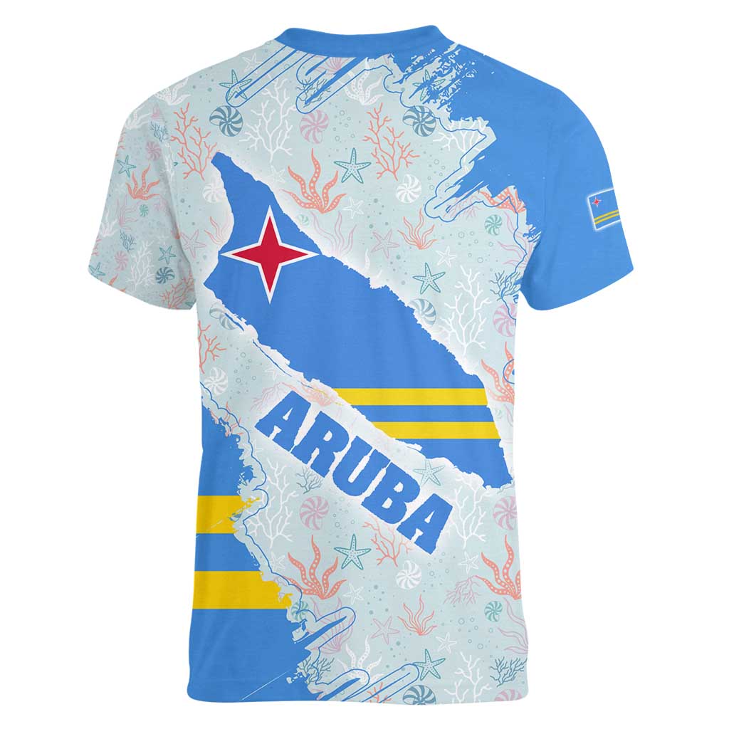 Aruba Women V-Neck T-Shirt with Marine Patterns – Ocean-Inspired Design