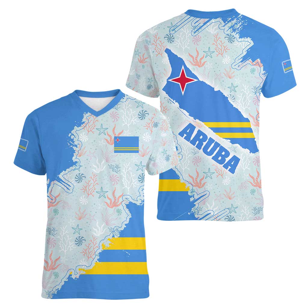 Aruba Women V-Neck T-Shirt with Marine Patterns – Ocean-Inspired Design