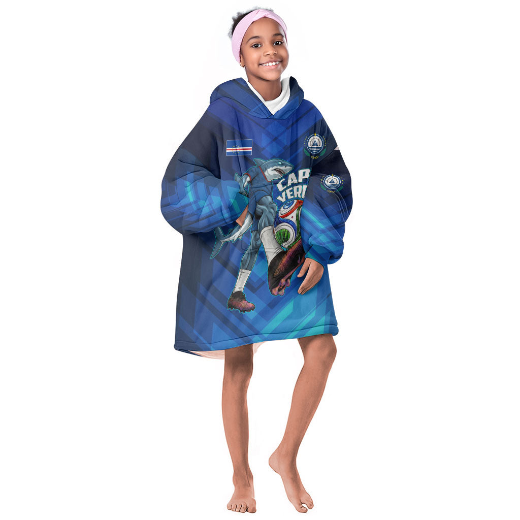 Personalized Cape Verde Football Kid Wearable Blanket Hoodie Blue Shark Mascot Cabo Verdean - Gradient Art