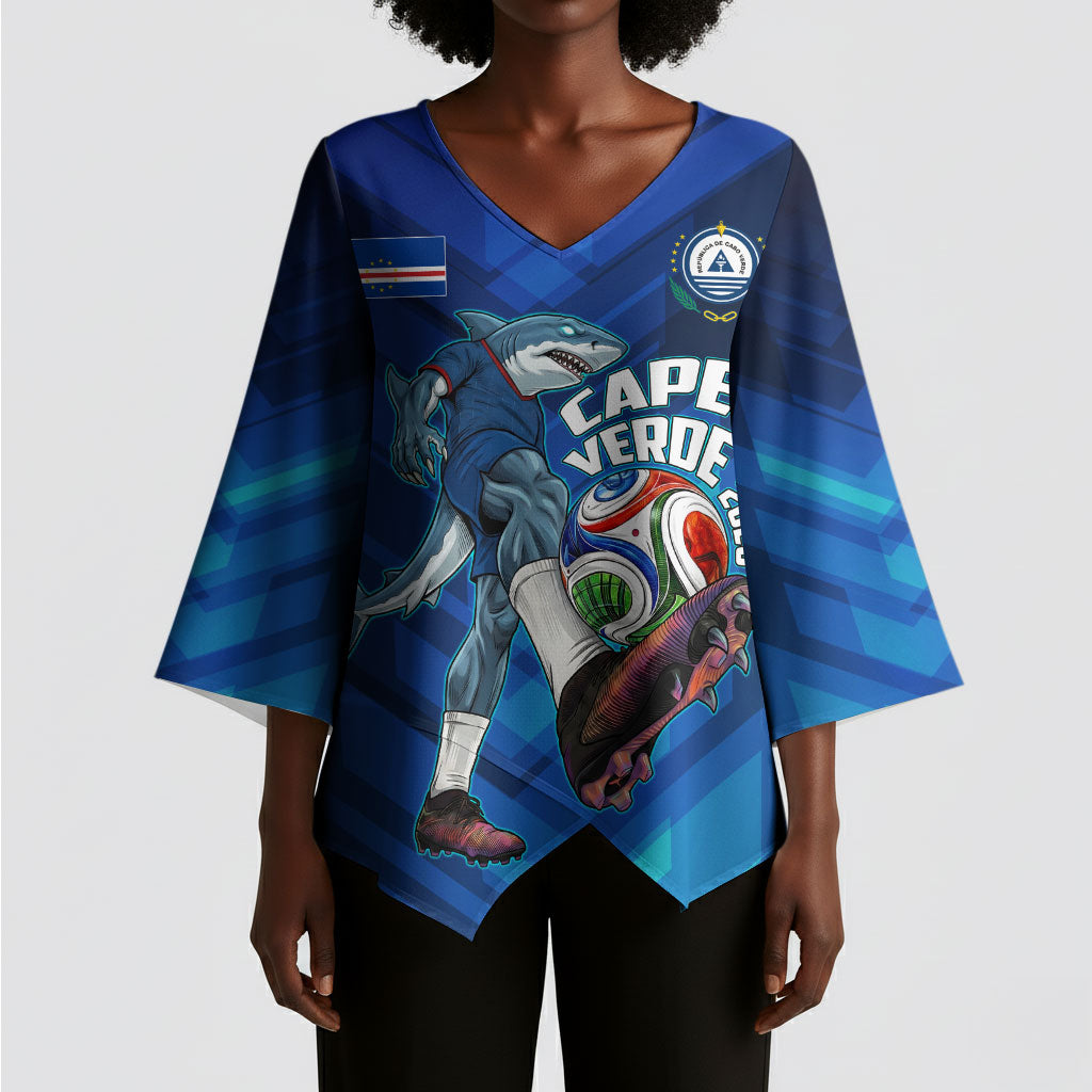 Personalized Cape Verde Football Kimono Sleeve Blouse Blue Shark Mascot Cabo Verdean - Gradient Art