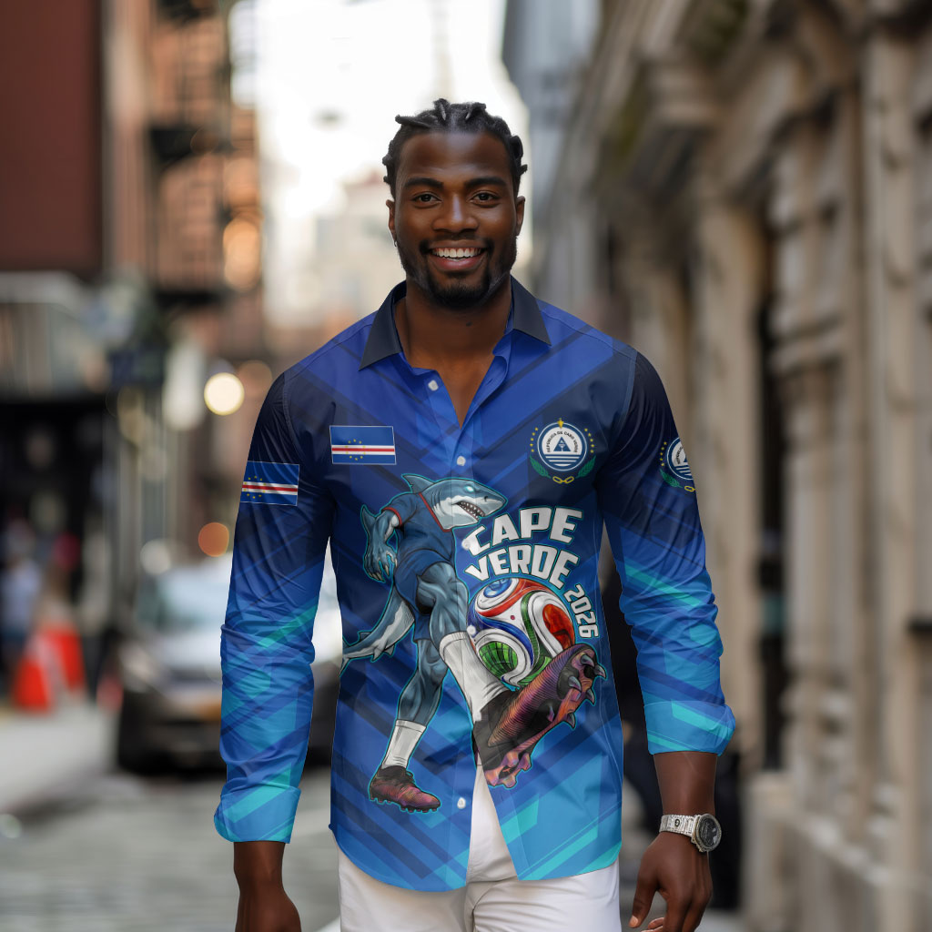 Personalized Cape Verde Football Long Sleeve Button Shirt Blue Shark Mascot Cabo Verdean - Gradient Art