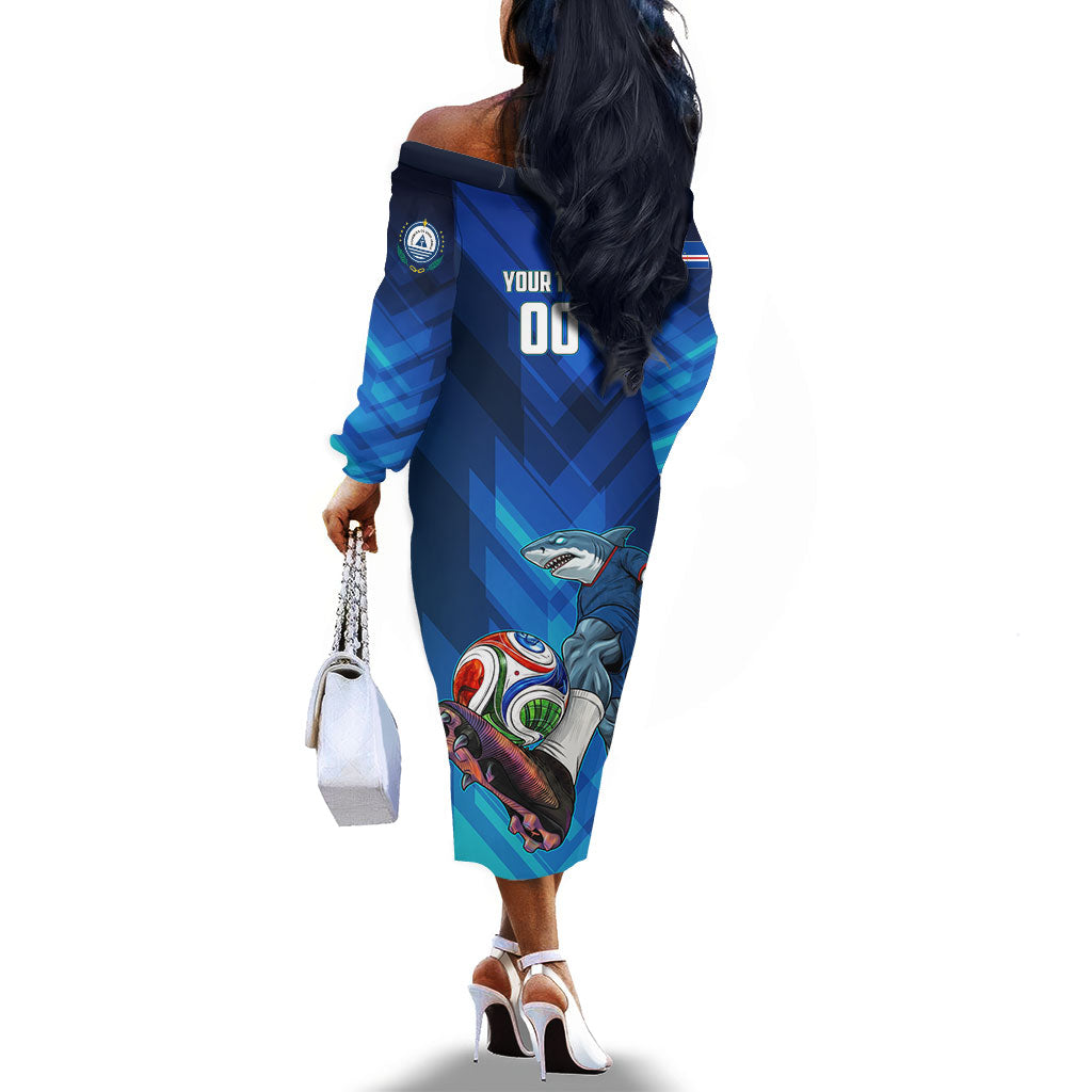 Personalized Cape Verde Football Off The Shoulder Long Sleeve Dress Blue Shark Mascot Cabo Verdean - Gradient Art