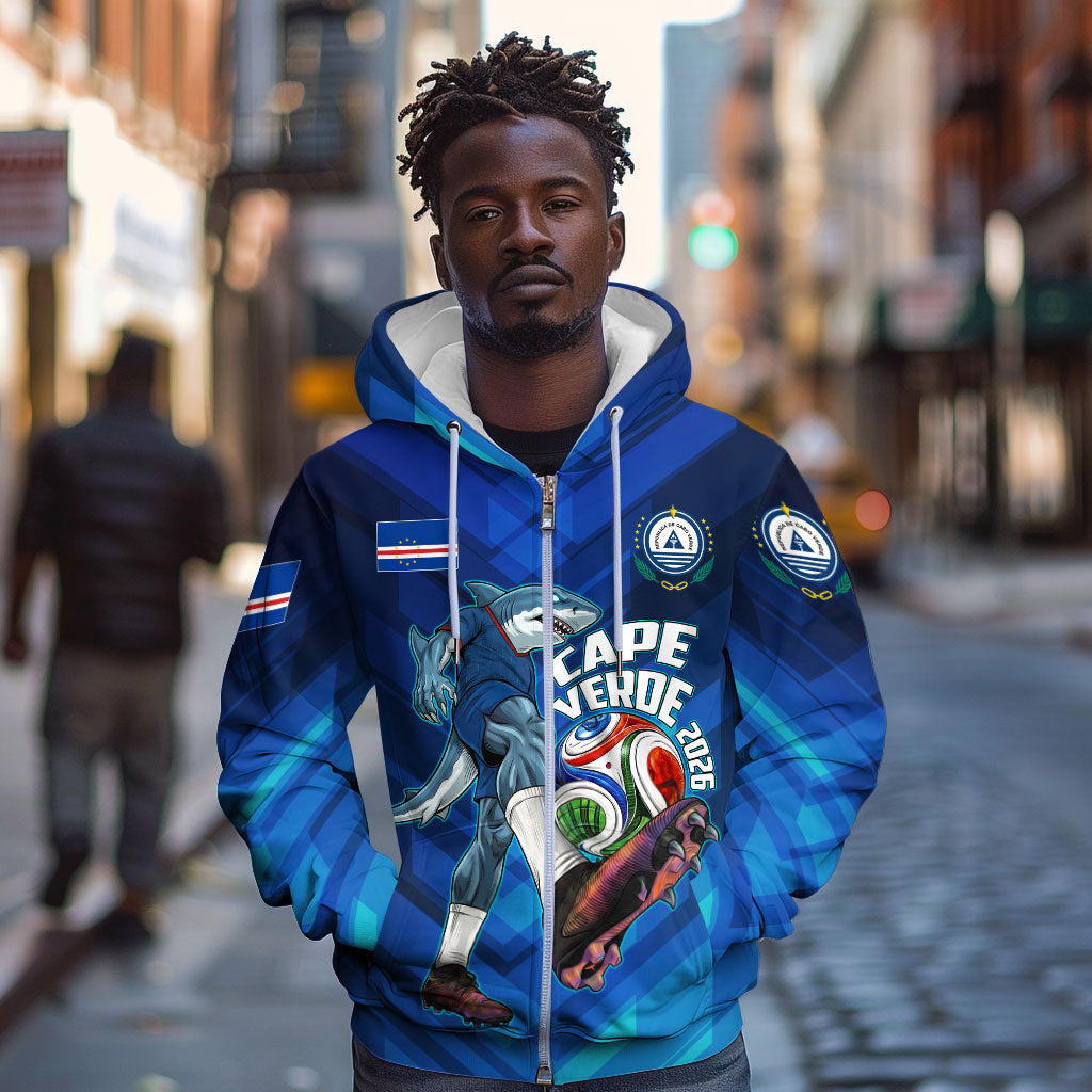 Personalized Cape Verde Football Zip Hoodie Blue Shark Mascot Cabo Verdean - Gradient Art