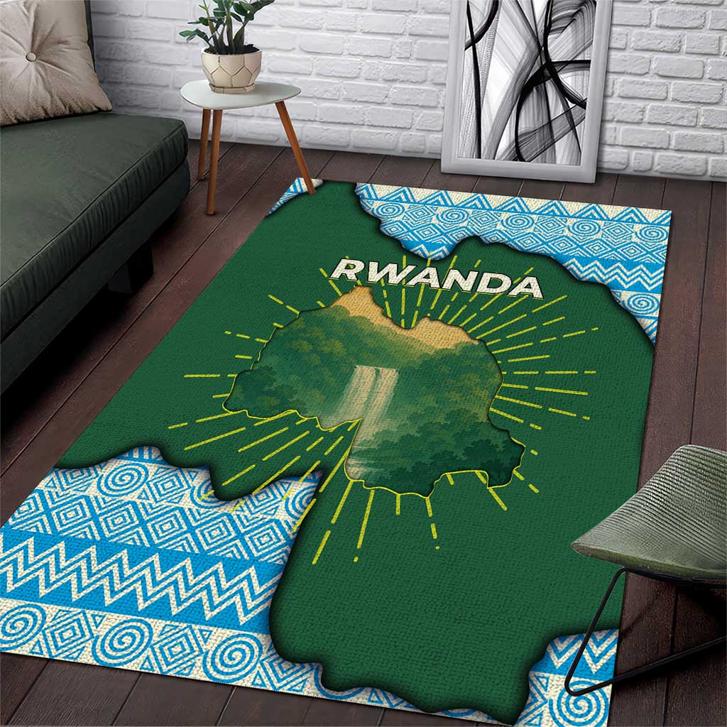 Rwanda Area Rug with Green Nature Map Waterfall Sunburst Spirit