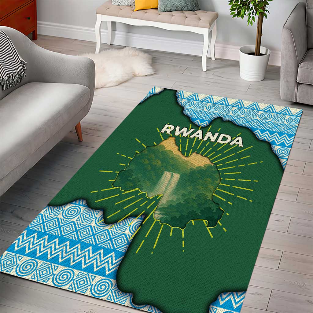 Rwanda Area Rug with Green Nature Map Waterfall Sunburst Spirit