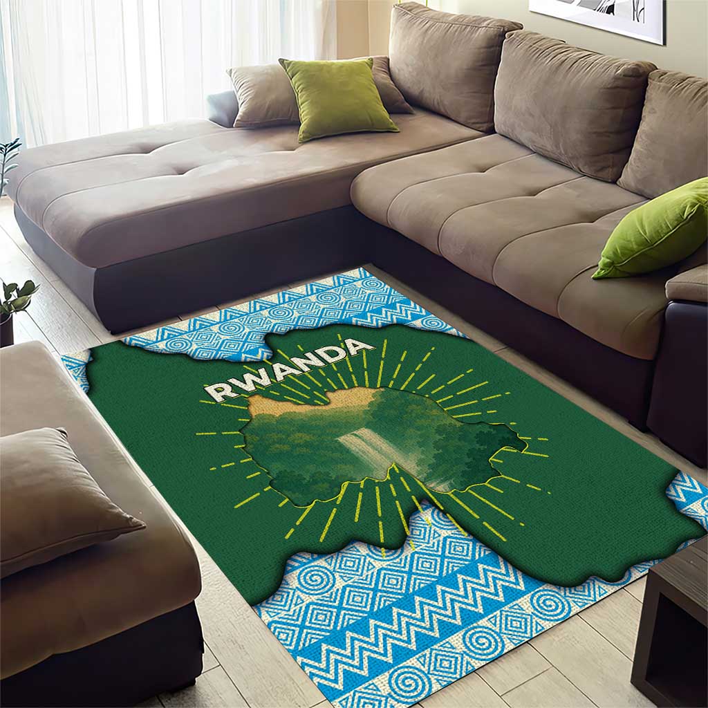 Rwanda Area Rug with Green Nature Map Waterfall Sunburst Spirit