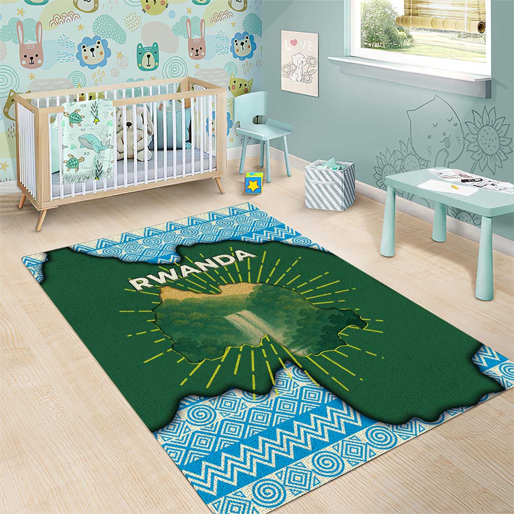 Rwanda Area Rug with Green Nature Map Waterfall Sunburst Spirit