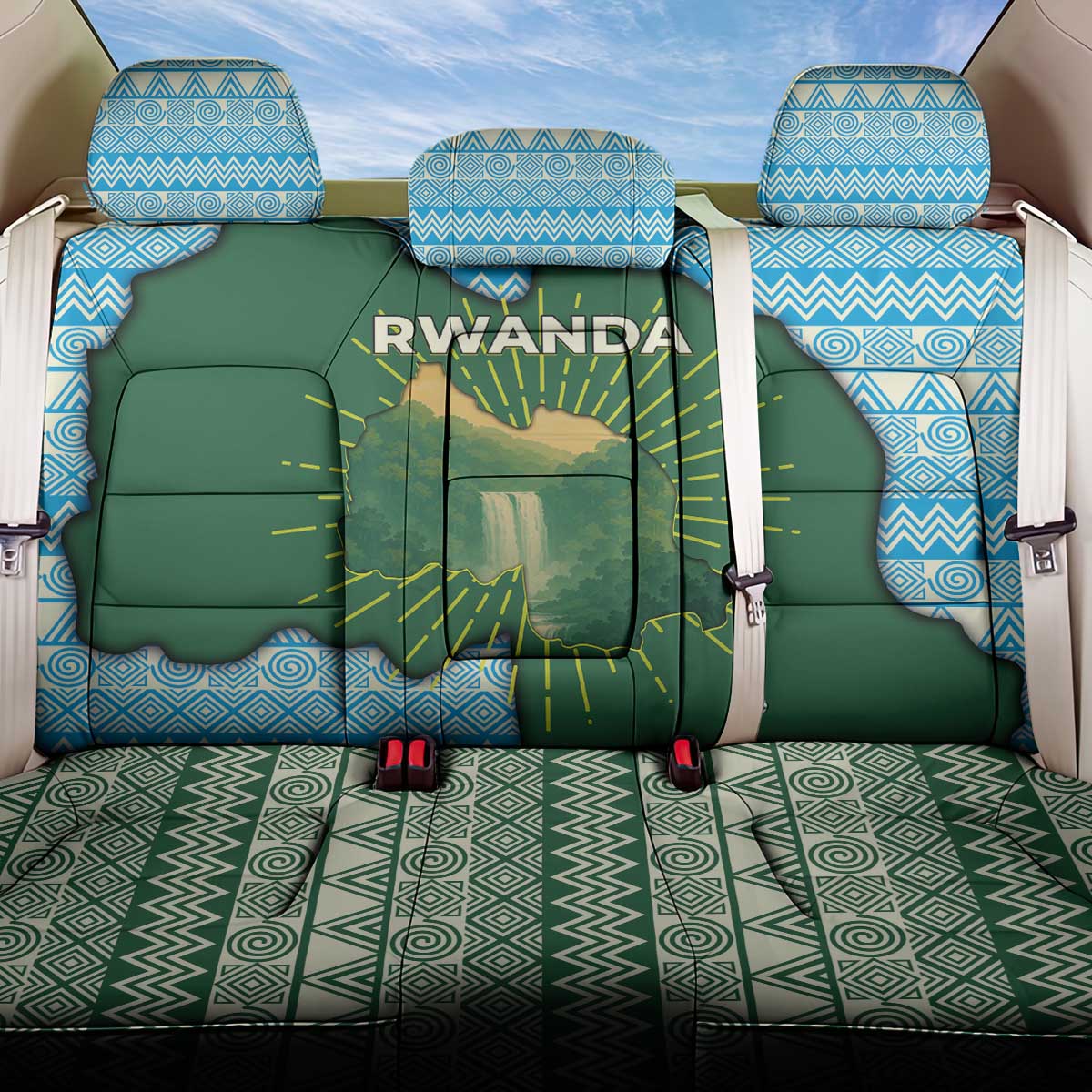 Rwanda Back Car Seat Cover with Green Nature Map Waterfall Sunburst Spirit