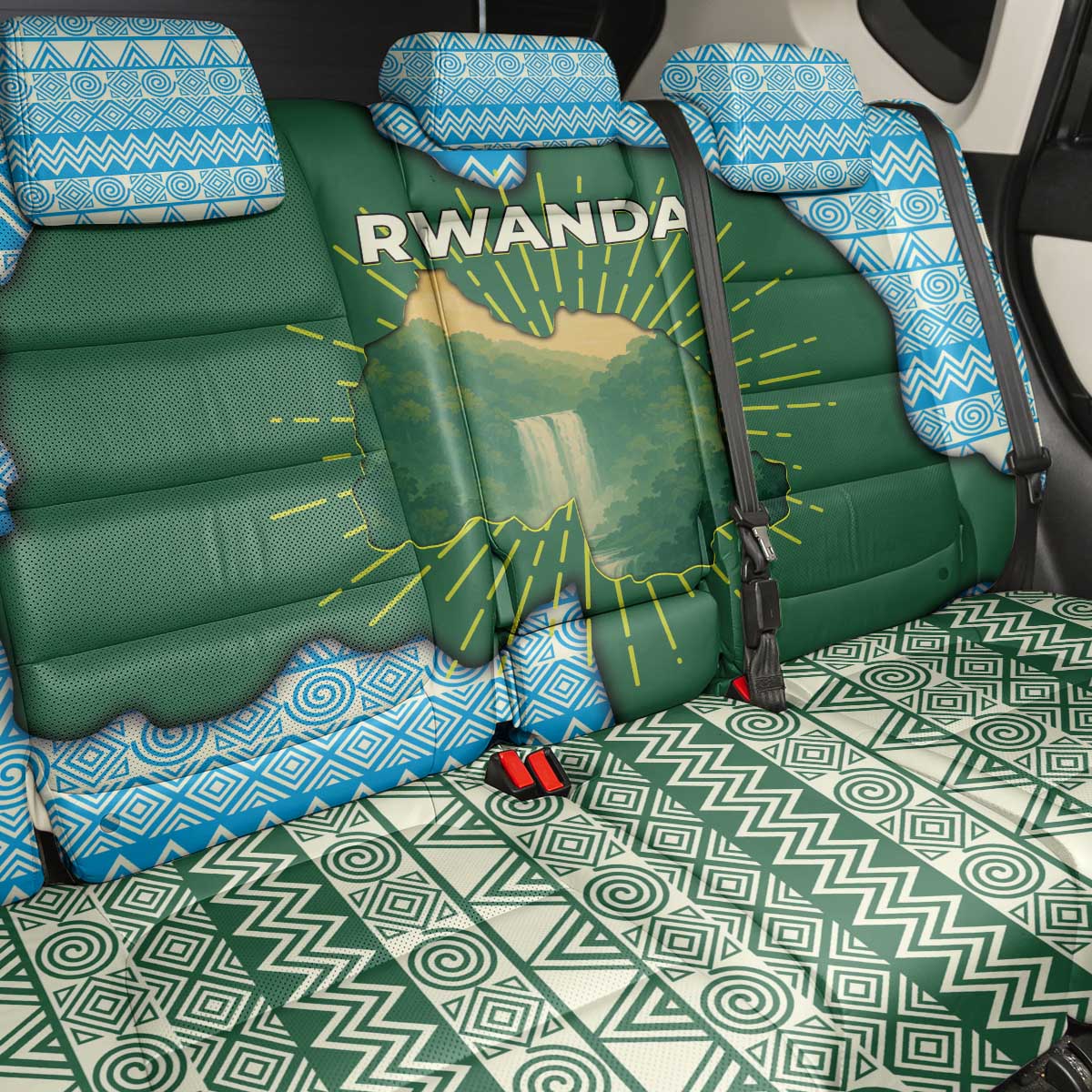 Rwanda Back Car Seat Cover with Green Nature Map Waterfall Sunburst Spirit