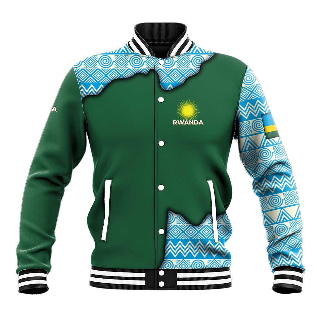 Rwanda Baseball Jacket with Green Nature Map Waterfall Sunburst Spirit