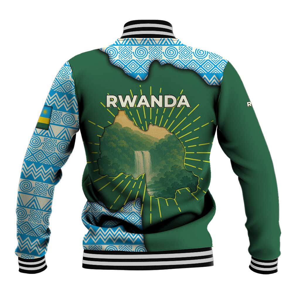 Rwanda Baseball Jacket with Green Nature Map Waterfall Sunburst Spirit
