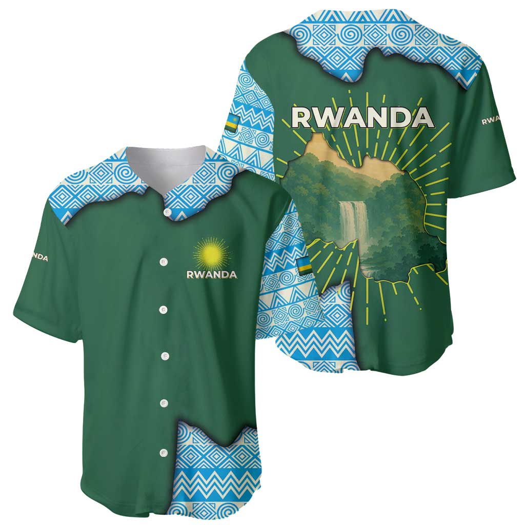 Rwanda Baseball Jersey with Green Nature Map Waterfall Sunburst Spirit