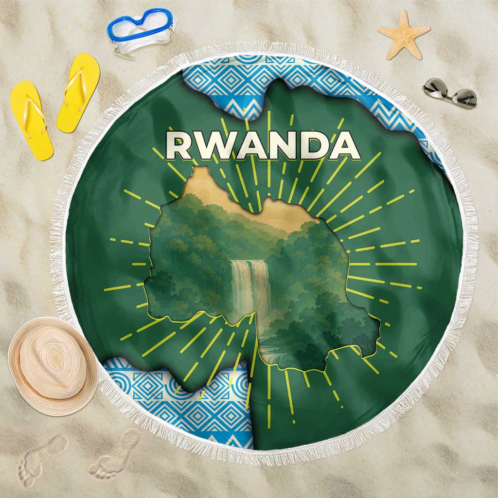 Rwanda Beach Blanket with Green Nature Map Waterfall Sunburst Spirit