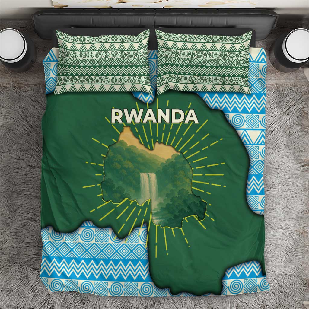 Rwanda Bedding Set with Green Nature Map Waterfall Sunburst Spirit