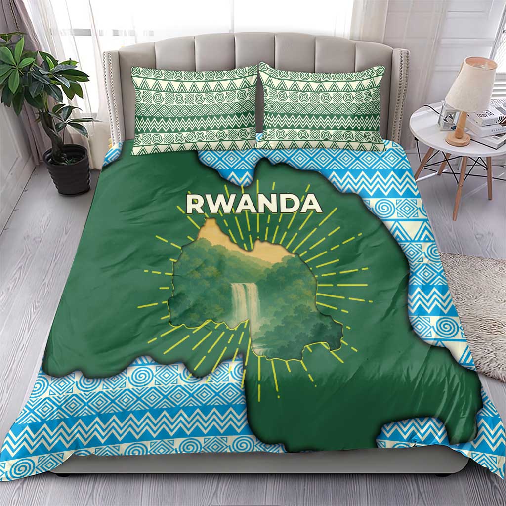 Rwanda Bedding Set with Green Nature Map Waterfall Sunburst Spirit