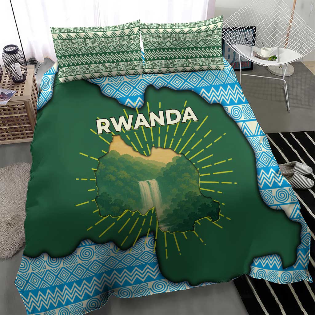 Rwanda Bedding Set with Green Nature Map Waterfall Sunburst Spirit