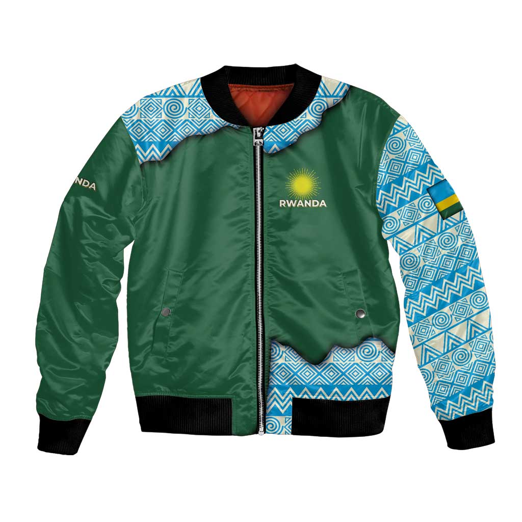 Rwanda Bomber Jacket with Green Nature Map Waterfall Sunburst Spirit