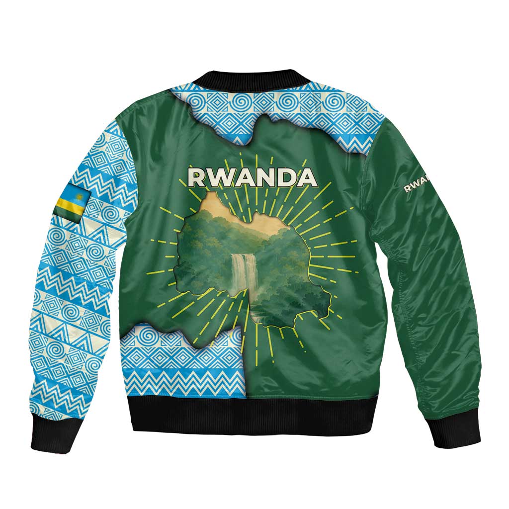 Rwanda Bomber Jacket with Green Nature Map Waterfall Sunburst Spirit