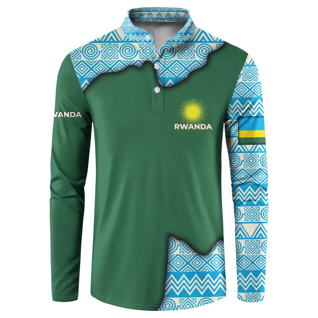 Rwanda Button Sweatshirt with Green Nature Map Waterfall Sunburst Spirit