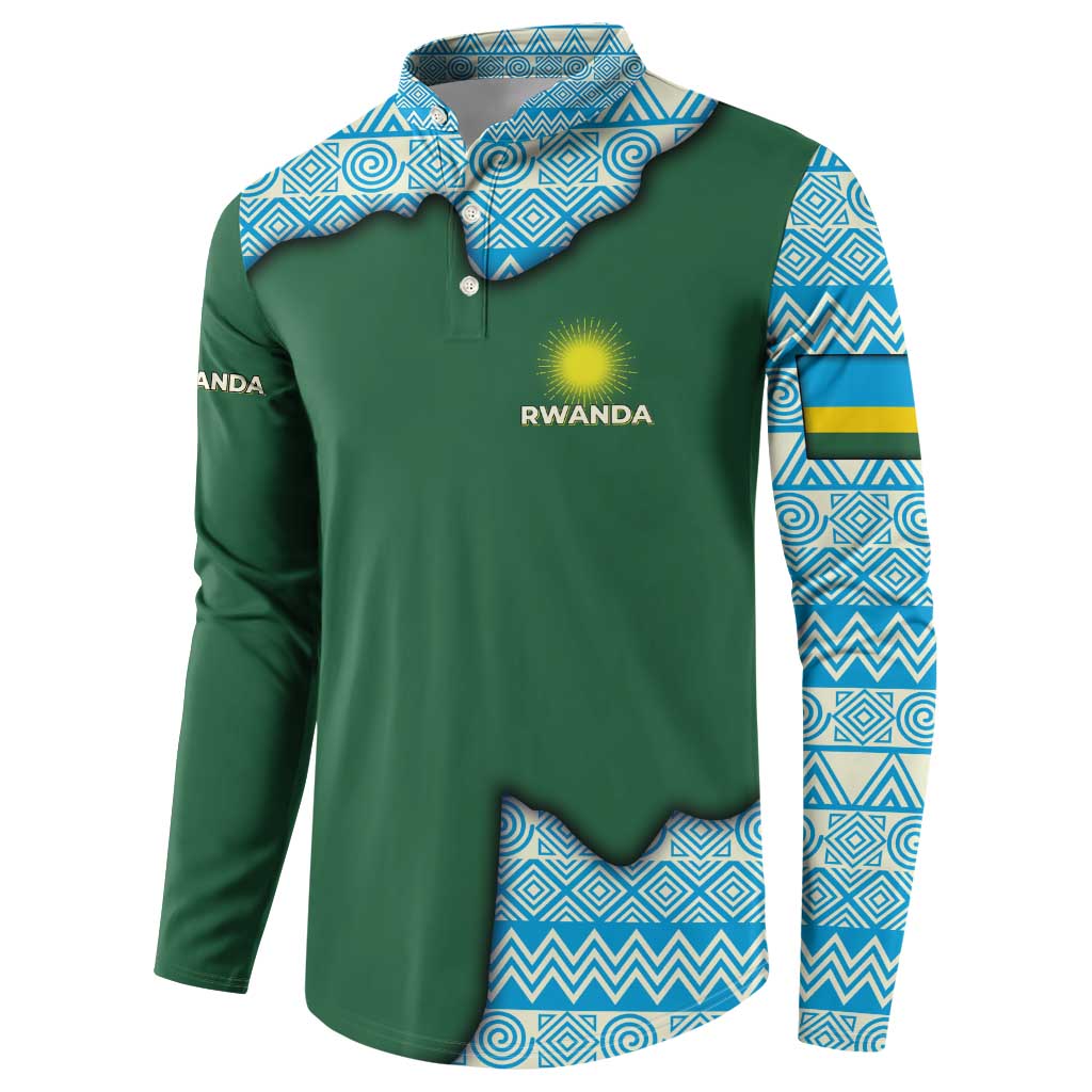 Rwanda Button Sweatshirt with Green Nature Map Waterfall Sunburst Spirit