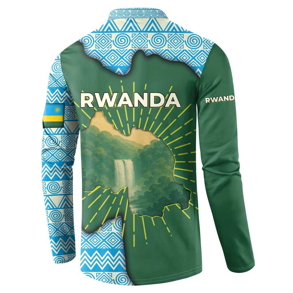 Rwanda Button Sweatshirt with Green Nature Map Waterfall Sunburst Spirit