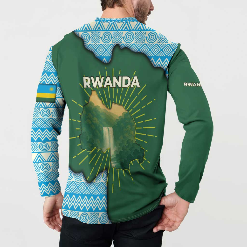 Rwanda Button Sweatshirt with Green Nature Map Waterfall Sunburst Spirit
