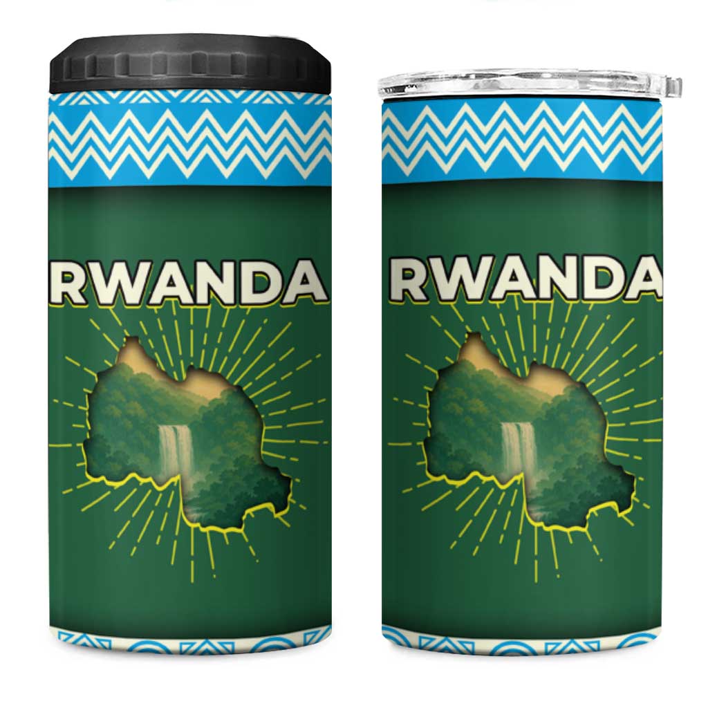Rwanda 4 in 1 Can Cooler Tumbler with Green Nature Map Waterfall Sunburst Spirit