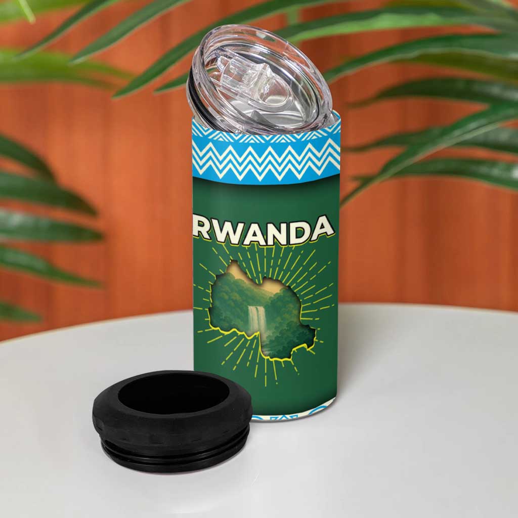 Rwanda 4 in 1 Can Cooler Tumbler with Green Nature Map Waterfall Sunburst Spirit