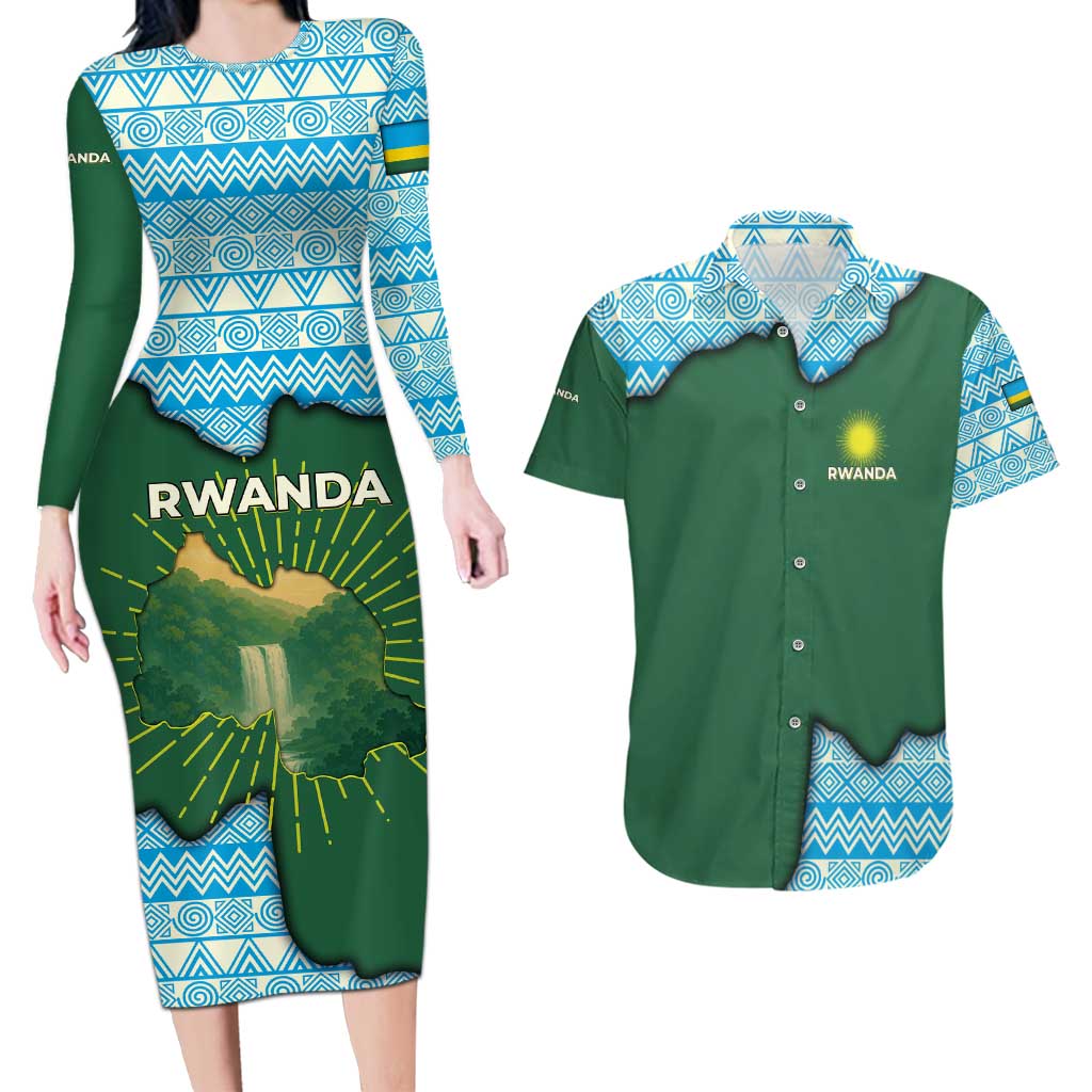 Rwanda Couples Matching Long Sleeve Bodycon Dress and Hawaiian Shirt with Green Nature Map Waterfall Sunburst Spirit