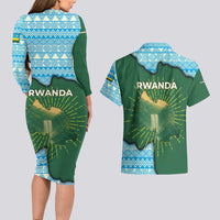 Rwanda Couples Matching Long Sleeve Bodycon Dress and Hawaiian Shirt with Green Nature Map Waterfall Sunburst Spirit