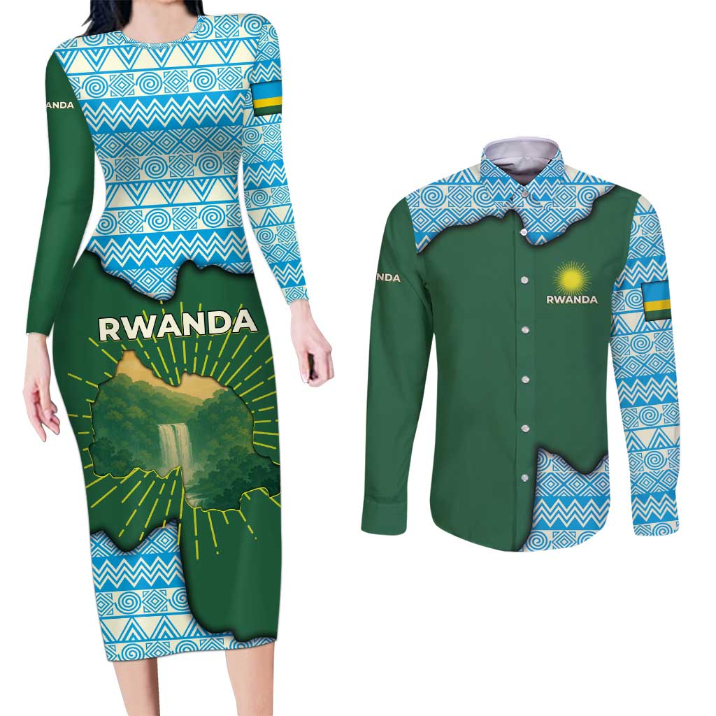 Rwanda Couples Matching Long Sleeve Bodycon Dress and Long Sleeve Button Shirt with Green Nature Map Waterfall Sunburst Spirit