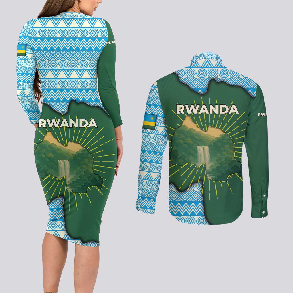 Rwanda Couples Matching Long Sleeve Bodycon Dress and Long Sleeve Button Shirt with Green Nature Map Waterfall Sunburst Spirit