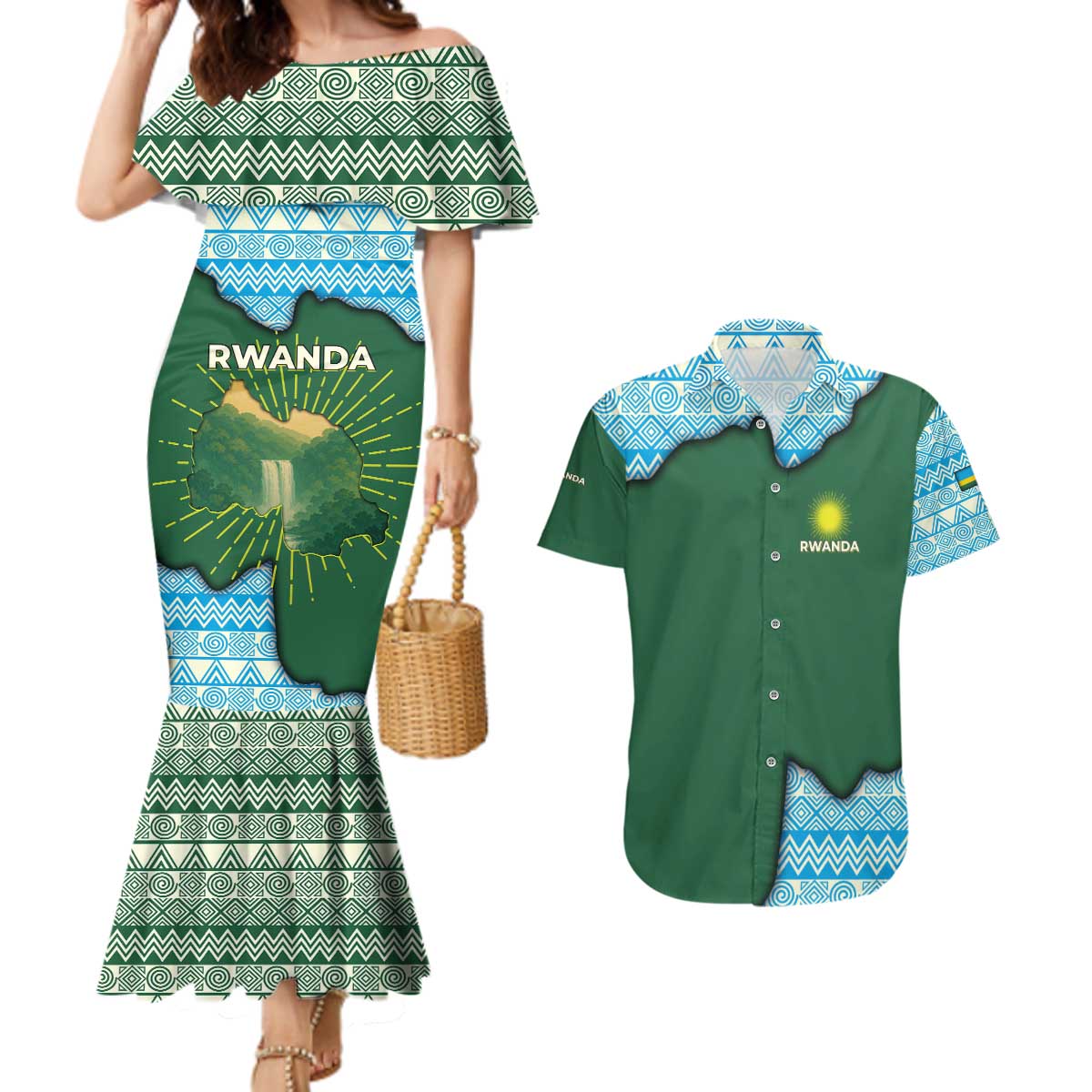 Rwanda Couples Matching Mermaid Dress and Hawaiian Shirt with Green Nature Map Waterfall Sunburst Spirit