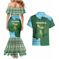 Rwanda Couples Matching Mermaid Dress and Hawaiian Shirt with Green Nature Map Waterfall Sunburst Spirit