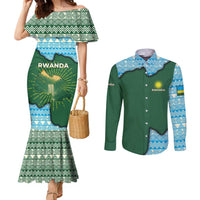 Rwanda Couples Matching Mermaid Dress and Long Sleeve Button Shirt with Green Nature Map Waterfall Sunburst Spirit