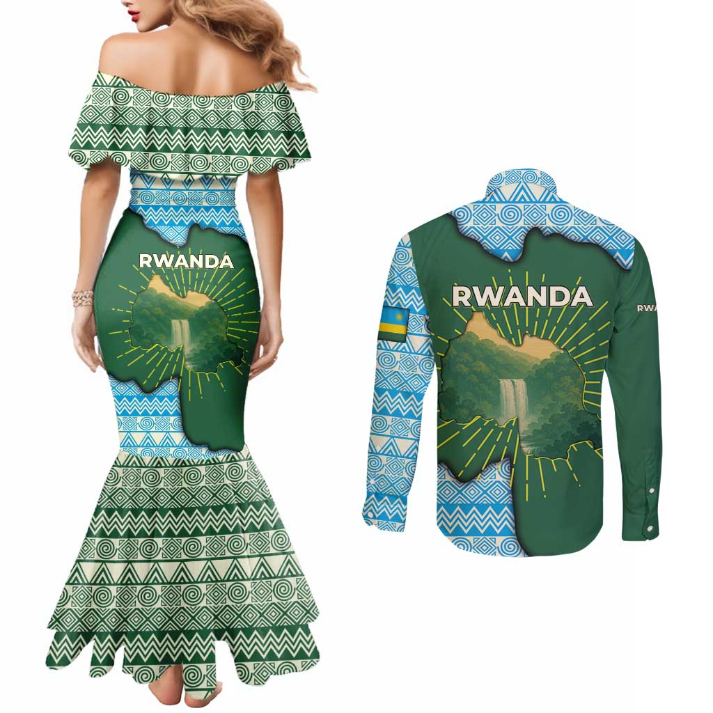 Rwanda Couples Matching Mermaid Dress and Long Sleeve Button Shirt with Green Nature Map Waterfall Sunburst Spirit