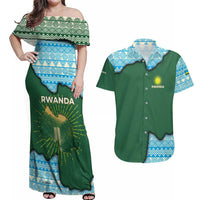 Rwanda Couples Matching Off Shoulder Maxi Dress and Hawaiian Shirt with Green Nature Map Waterfall Sunburst Spirit