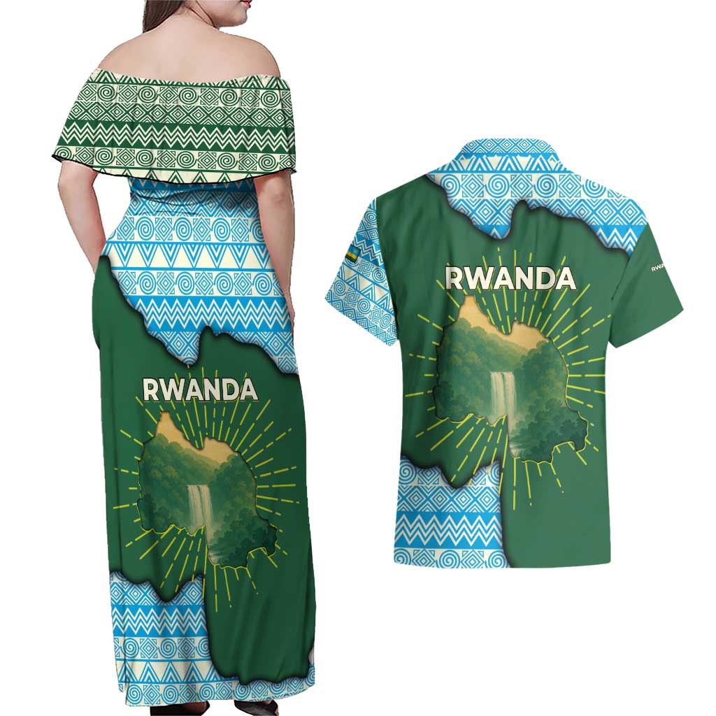 Rwanda Couples Matching Off Shoulder Maxi Dress and Hawaiian Shirt with Green Nature Map Waterfall Sunburst Spirit