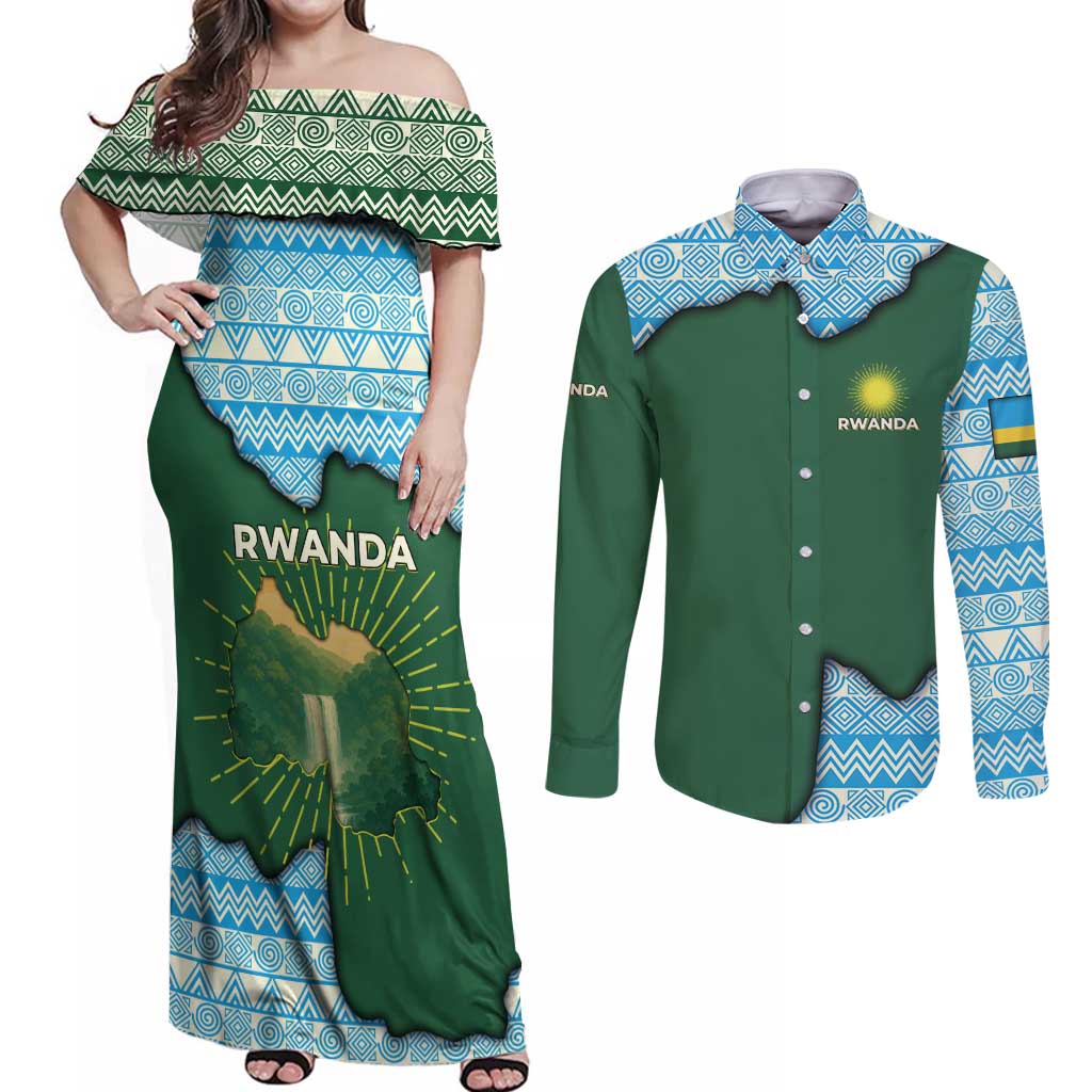 Rwanda Couples Matching Off Shoulder Maxi Dress and Long Sleeve Button Shirt with Green Nature Map Waterfall Sunburst Spirit