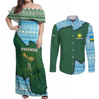 Rwanda Couples Matching Off Shoulder Maxi Dress and Long Sleeve Button Shirt with Green Nature Map Waterfall Sunburst Spirit