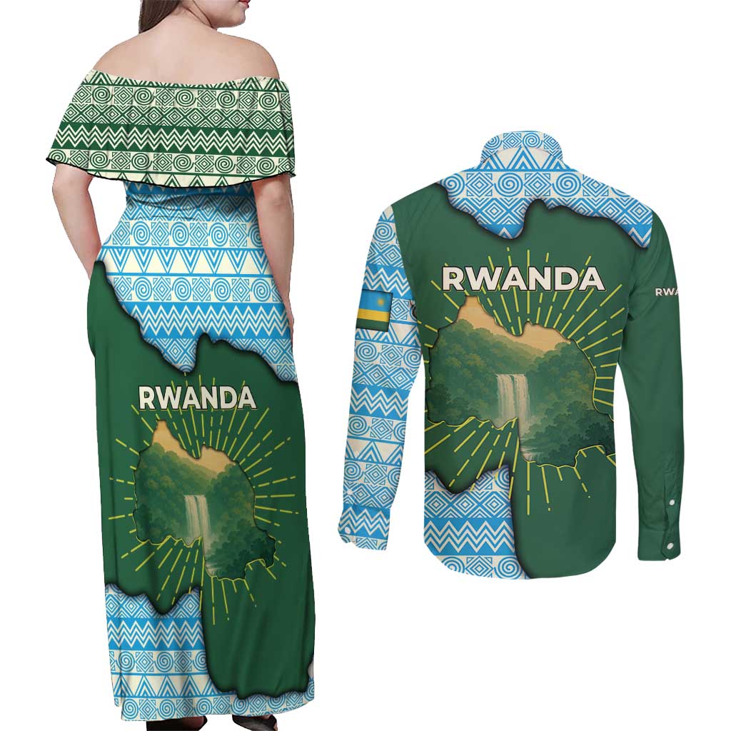 Rwanda Couples Matching Off Shoulder Maxi Dress and Long Sleeve Button Shirt with Green Nature Map Waterfall Sunburst Spirit